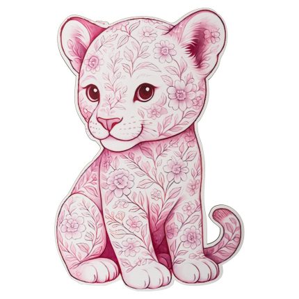 Pink kitten silhouette covered in a floral pattern, sitting and looking forward.