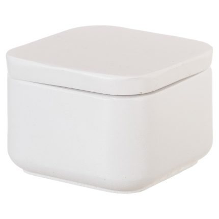 White ceramic storage container with a snug lid, minimalist square shape.