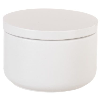 White round cosmetic jar with a flat lid, closed and empty-sized for creams or balms