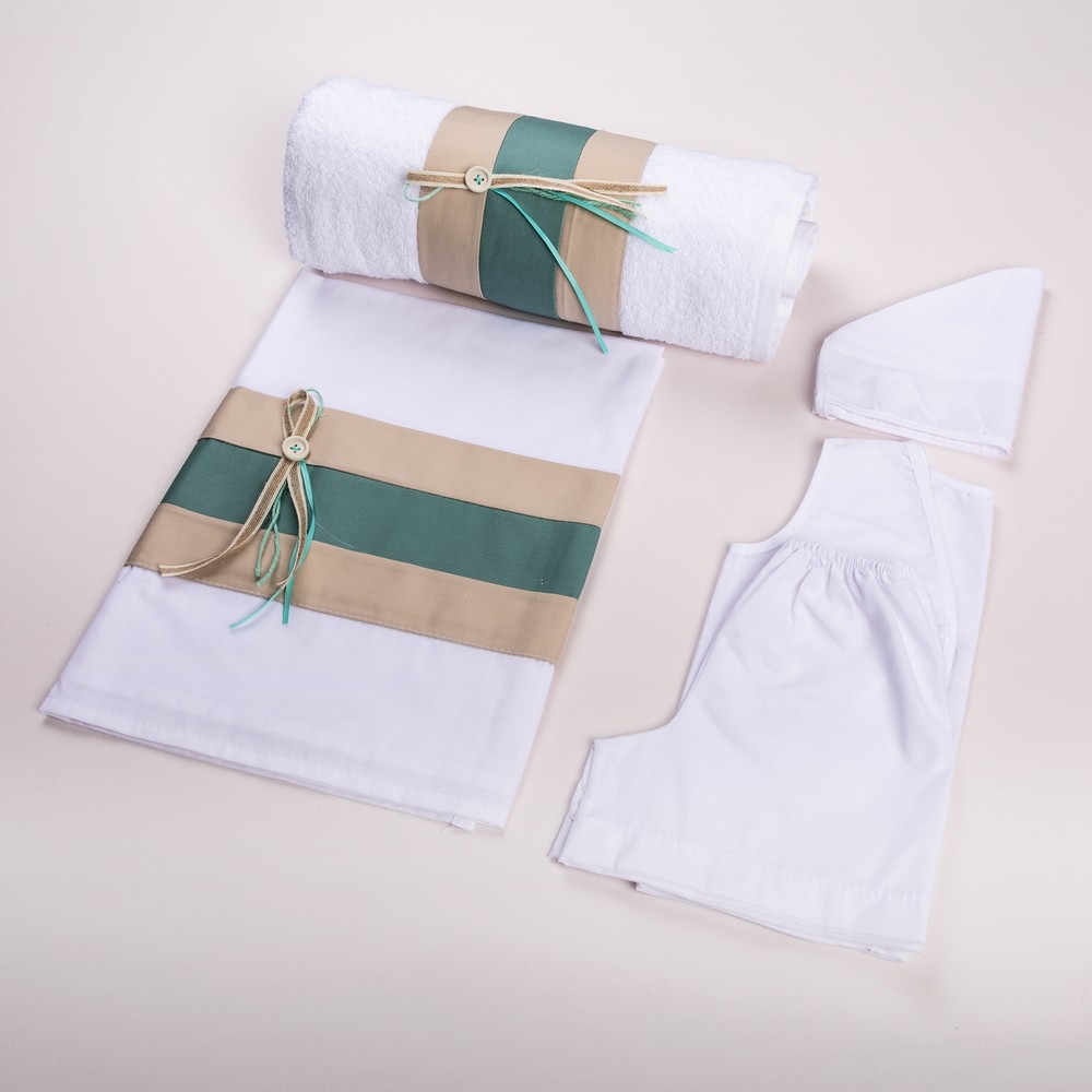 1300277-1000x1000 | La Vie en Rose Gift-ready set of white towels and linens wrapped with beige and teal bands, tied with twine (spa/bath gift set)