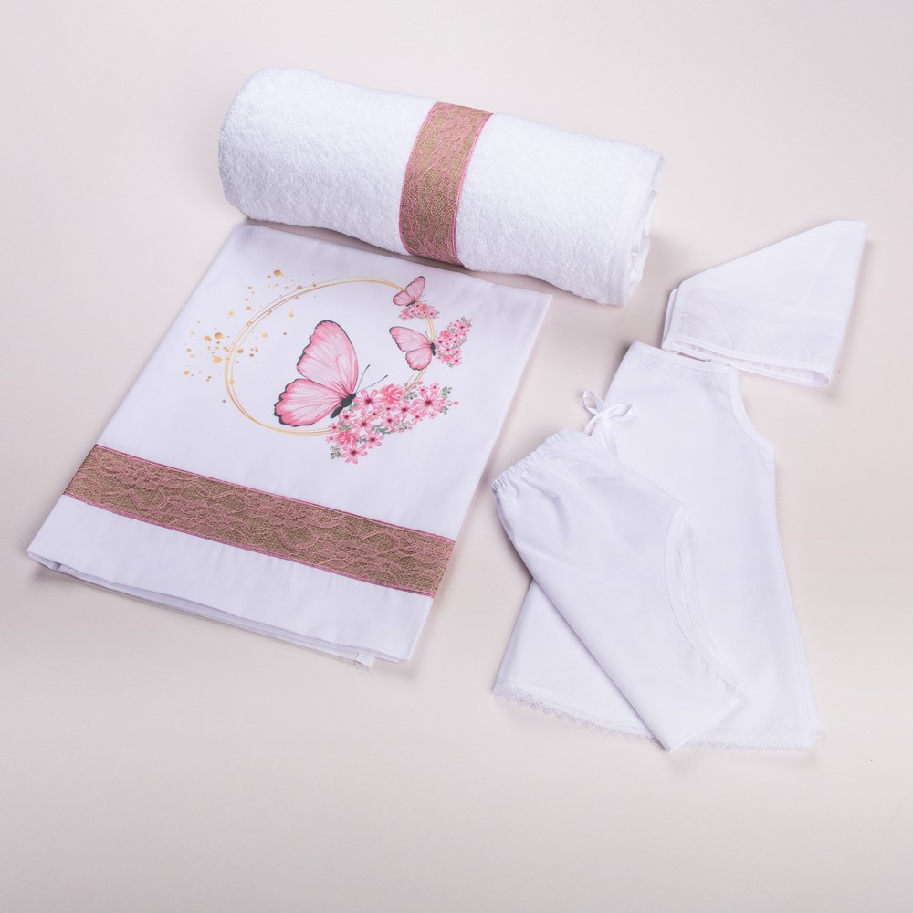 1300285-1000x1000 | La Vie en Rose Baby care set with white towel rolled and pink lace bands, white floral blanket featuring pink butterflies, and white baby clothing pieces with lace edging