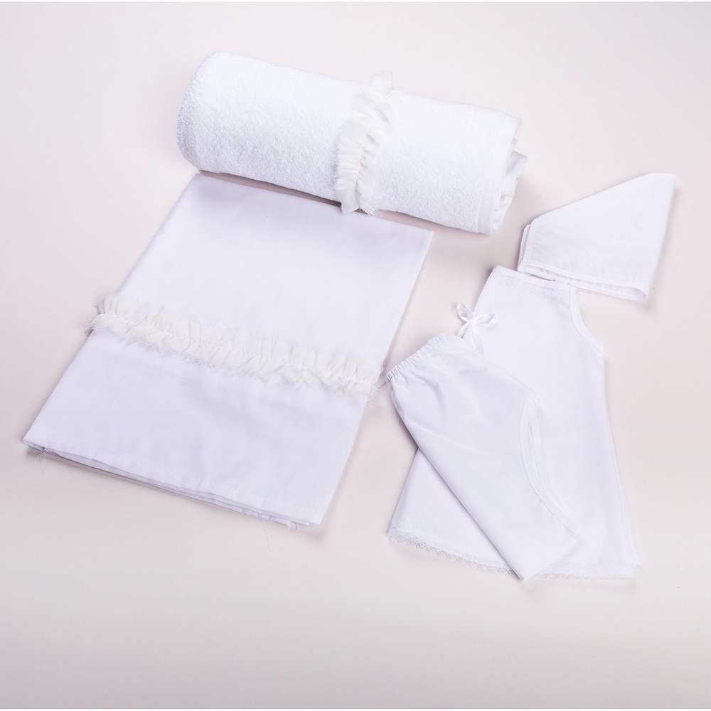 1300287-1000x1000 | La Vie en Rose White baby linen set arranged on a pale surface: rolled towel with ruffle, a white blanket with gathered trim, a bonnet, and a matching romper with pants and lace trim.