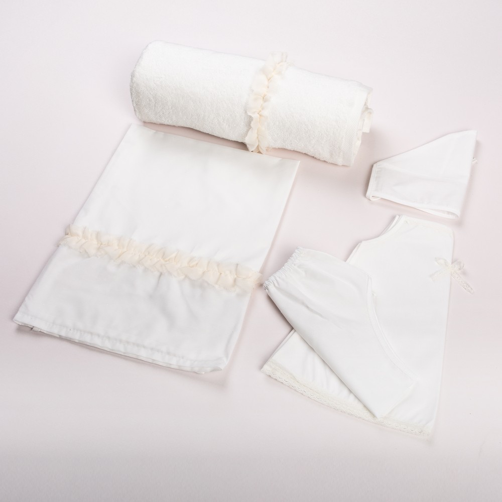 1300287_2-1000x1000 | La Vie en Rose Set of white baby care items laid out on a pale pink background: towel, blanket, and matching clothing pieces with delicate trim.