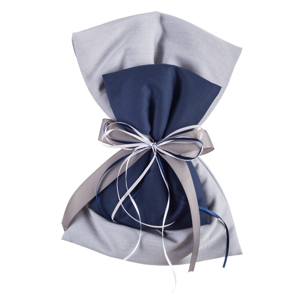 2000188-1000x1000 | La Vie en Rose Gift wrapped in blue and gray fabric with a silver-and-white ribbon bow on top.