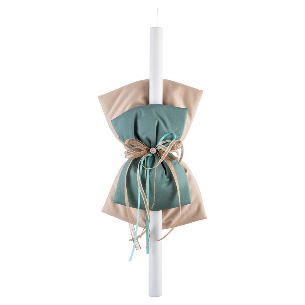 2000193-1000x1000 1 | La Vie en Rose Tall white candle wrapped with a beige and teal fabric bow, tied with twine decorations for a decorative look.