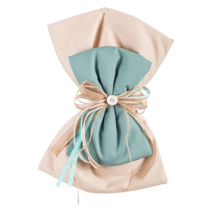 Beige gift wrap with a teal fabric bow, tied with jute string and a small white button at the center.