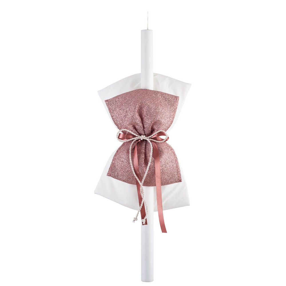 2000197-1000x1000 | La Vie en Rose White taper candle wrapped with a pink glittery fabric ribbon tied in a bow with twine.