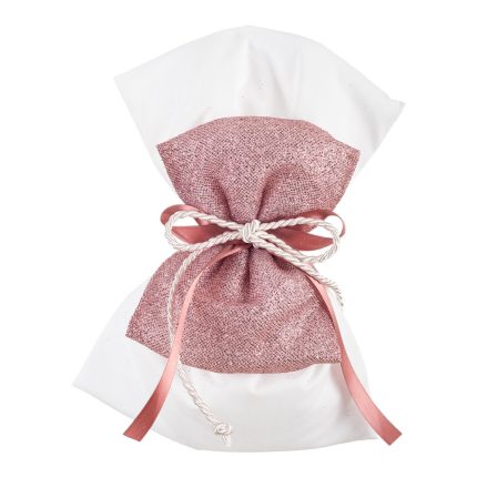 White gift bag tied with a pink glittery fabric bow and rope ribbons, ready for gifting at a celebration.