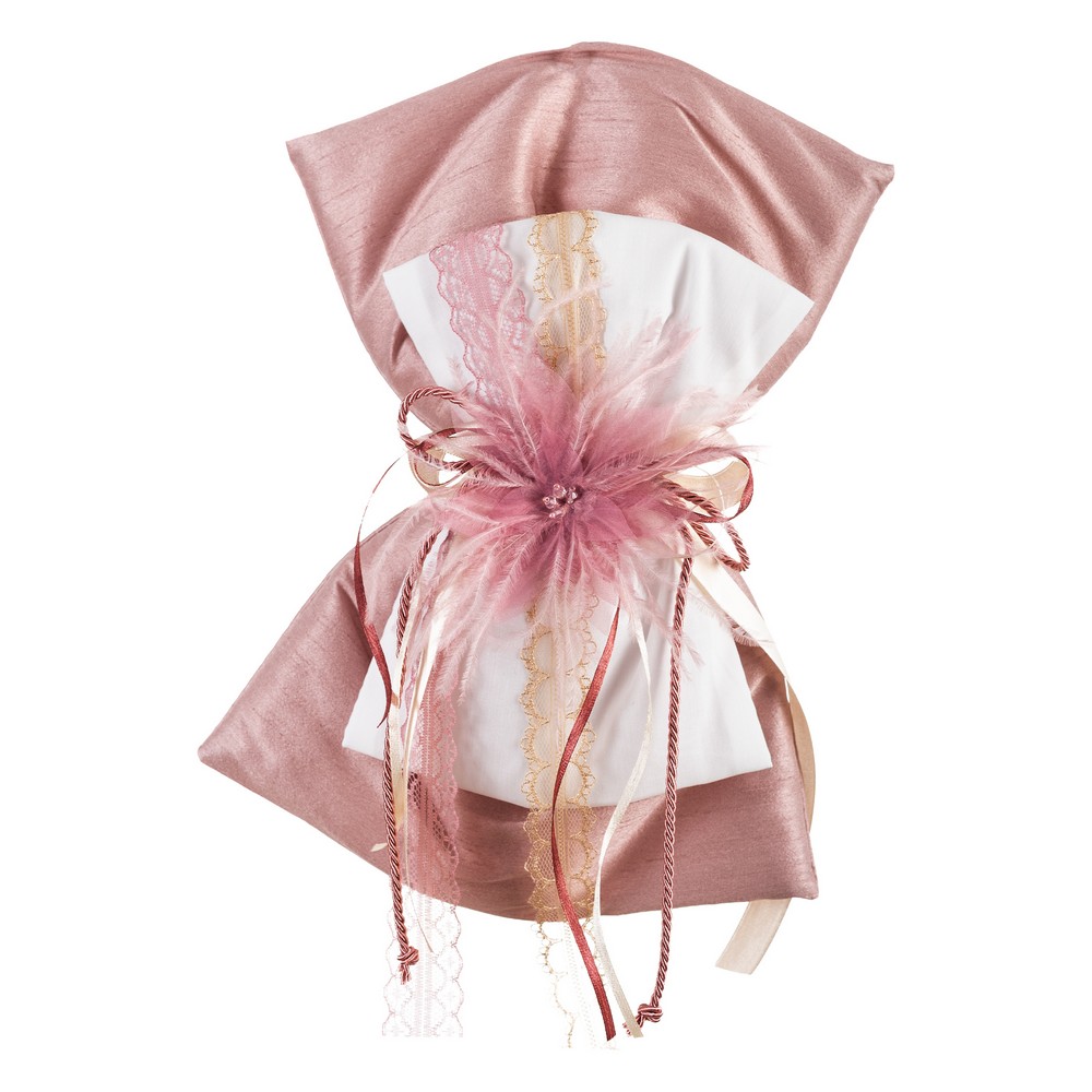2000200-1000x1000 | La Vie en Rose Decorative pink satin bow with lace trim and a feather centerpiece on white fabric backdrop