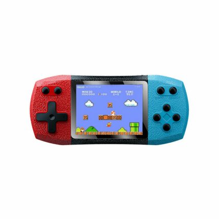 Colorful handheld gaming console with a red left side, blue right side, and a retro Mario game on the screen.