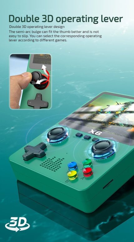 Teal handheld game console with two analog sticks, colored A/B buttons, and an inset of a hand turning a 3D lever on the side panel.
