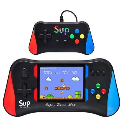 Black handheld retro game console with red left and blue right ends; screen shows a Mario-style platform game.