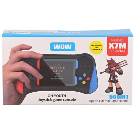 Box for OH YOUTH 500IN1 joystick game console; shows a handheld retro console with blue and black body, a person's hand holding it, and a cartoon character on the right. Includes model X7M 3.5 inches and WOW branding text on the box, indicating console packaging.