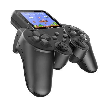 Black handheld game controller with a built-in screen showing a retro Mario game.