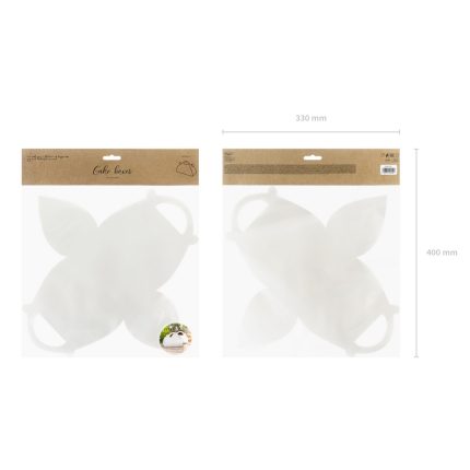 Two transparent bags containing large white leaf-shaped cake boxes with a kraft header reading 'Cake boxes' (330 mm by 400 mm).