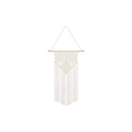 Cream macramé wall hanging with a wooden dowel and long fringe, decorative wall art.