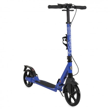 Blue kick scooter with black handlebars and two large black wheels on a white background, featuring a blue frame and a side stand.