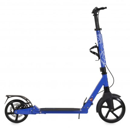 Blue kick scooter with two large wheels, a black handlebar, and a textured grip deck; rear wheel has a brake fender and a small rack behind it.