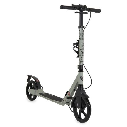Electric kick scooter with gray frame, black handlebars, and large front wheel on a white background, viewed at an angle.