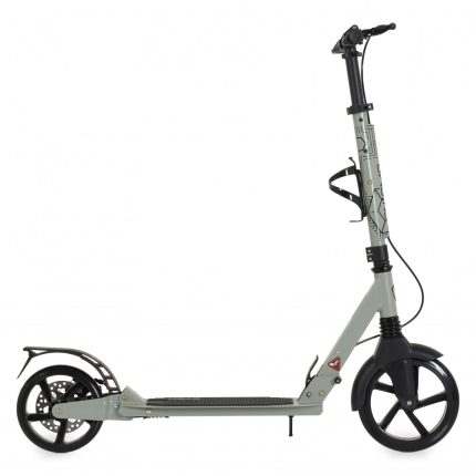 Grey electric scooter with large front wheel and rear wheel, kickstand deployed, on a white background