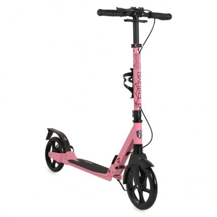 Pink children's kick scooter with black handlebars, deck, and wheels on a white background