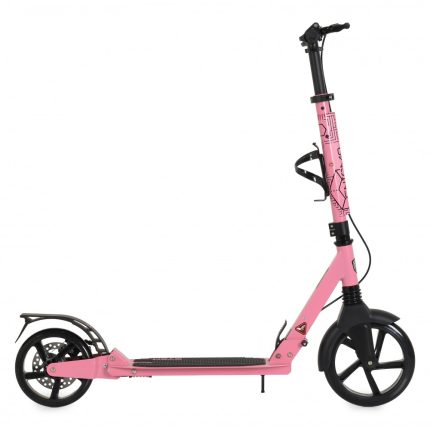 Pink kick scooter with black handlebars and wheels, viewed from the side in a side profile image.