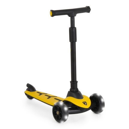 Three-wheeled yellow and black kick scooter for kids with a T-bar Handlebar and adjustable stem.