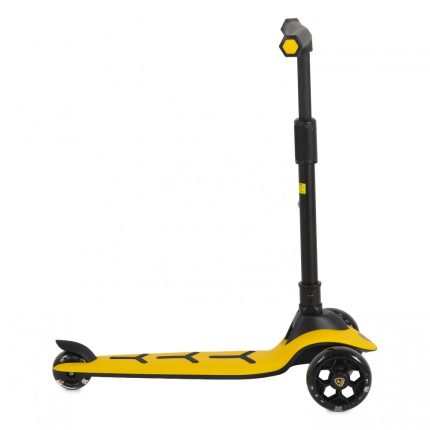 Yellow kids' kick scooter with black deck, two large wheels, and an adjustable black handlebar stem for height.