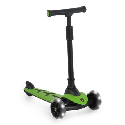 Green three-wheeled kids' scooter with a black T-bar handle and black base, shown on a white background.