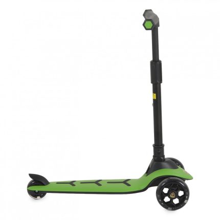 Green three-wheeled kick scooter with a tall adjustable stem, side view showing a textured deck and rear fender for kids or casual riding