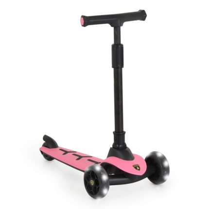 Pink kids' kick scooter with black T-bar handle and three wheels on a white background.