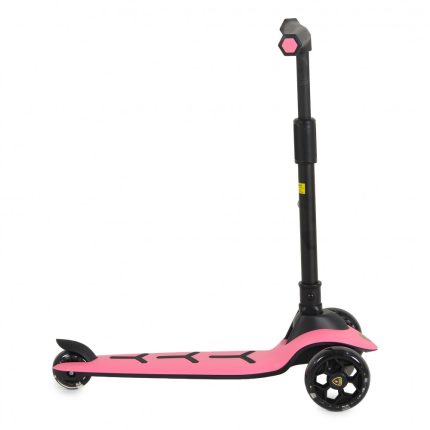 Pink three-wheeled kick scooter for kids with a tall black handlebar and pink deck.