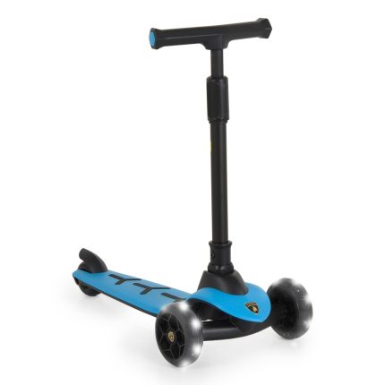 Blue three-wheeled children's kick scooter with a T-bar handle and wheel lights on a white background.