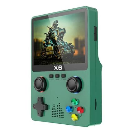 Green handheld gaming device with a large screen showing a motorbike image and the X6 logo, plus dual joysticks, D-pad, and colored action buttons.