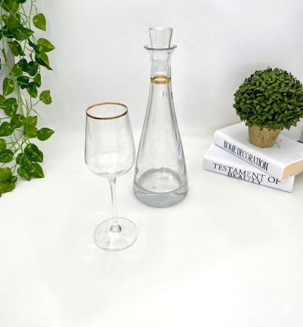Clear glass decanter with a narrow neck and gold ring stands beside a matching wine glass with a gold rim on a white surface, with green plants and stacked decor books in the background.