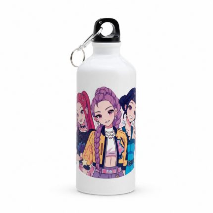 White water bottle with a black cap and metal carabiner, featuring a colorful anime girls illustration on the side.