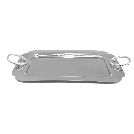 Polished silver rectangular serving tray with ornate curved handles on each end.
