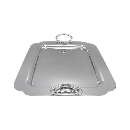 Polished silver rectangular serving tray with decorative handles on each end, viewed from above.