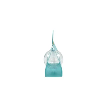 Manual breast pump with teal base and clear collection dome, photographed from the side.