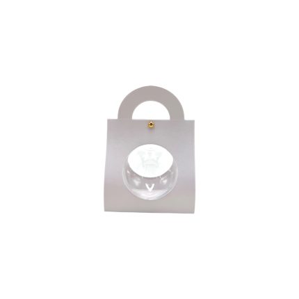 White rectangular purse with a circular arch-shaped handle and a clear glassy dome on the front.