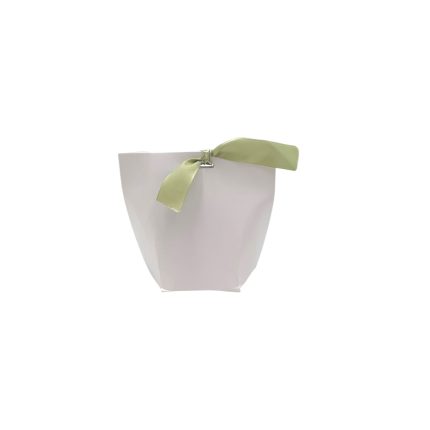White gift bag with a pale green satin ribbon tied at the top