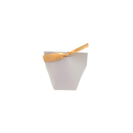 White gift box with a gold ribbon tied in a bow on a white background