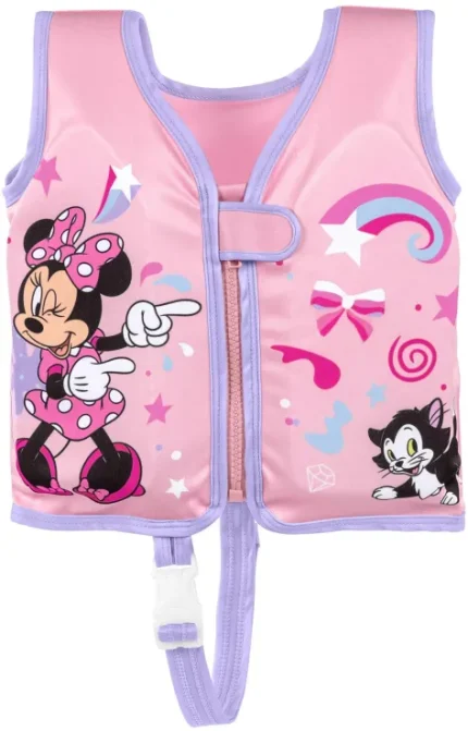 Pink kids' life vest with purple trim and front zipper, featuring Minnie Mouse on one panel and a cartoon cat on the other.