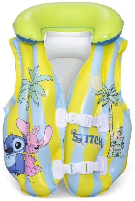 Child's inflatable life vest in bright yellow and blue with Stitch characters and palm trees; includes adjustable buckles for safety in water.
