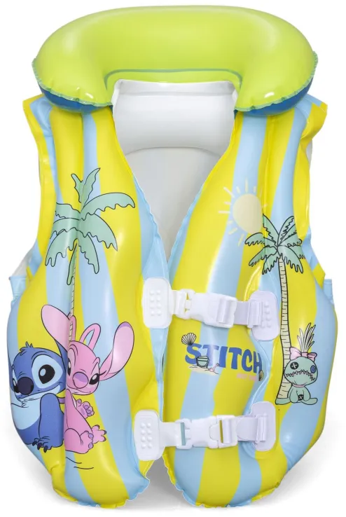 401312009104 Child's inflatable life vest in bright yellow and blue with Stitch characters and palm trees; includes adjustable buckles for safety in water.