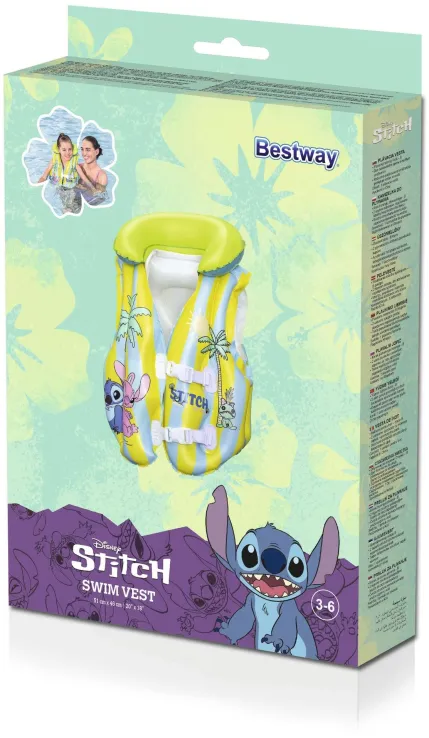 401312009104_1 Disney Stitch swim vest for kids, age 3–6, yellow and blue packaging shown with Stitch character on purple panel and Bestway logo.
