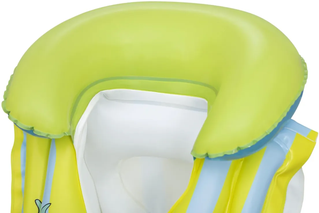 401312009104_2 Bright lime-yellow inflatable life jacket with blue straps, designed for a child.
