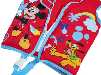 Red kids' life vest with Mickey Mouse graphics and Pluto, blue trim and white buckle.