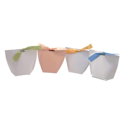 Four pastel gift bags tied with satin ribbons in green, pink, peach, and blue, arranged in a row.