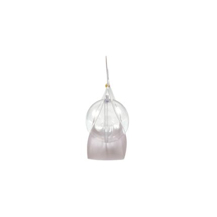 Hanging glass pendant lamp with a clear spherical shade and pale pink base.